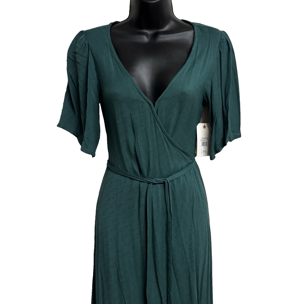 Billabong Wrap Dress Small S Green Short Sleeve V-Neck Women Shorebreak New - Picture 2 of 10